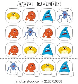 Cuántos juegos de conteo con monstruos graciosos y lindos. Hoja de trabajo preescolar, hoja de actividades para niños, hoja de cálculo imprimible
