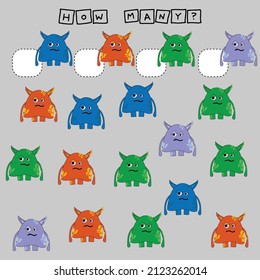 How many counting game with funny cute monsters. Worksheet for preschool kids, kids activity sheet, printable worksheet


