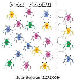 Cuántos juegos de conteo con monstruos graciosos y lindos. Hoja de trabajo preescolar, hoja de actividades para niños, hoja de cálculo imprimible
