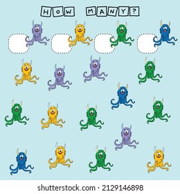 How many counting game with funny cute monsters. Worksheet for preschool kids, kids activity sheet, printable worksheet

