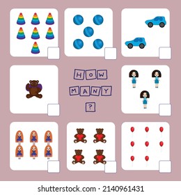 ¿Cuántos juegos de conteo con juguetes divertidos? Hoja de trabajo preescolar, hoja de actividades para niños, hoja de cálculo imprimible
