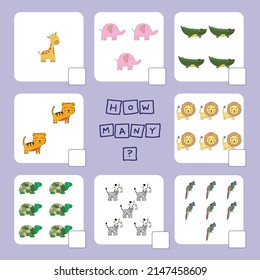 How many counting game with funny wild animals . Preschool worksheet, kids activity sheet, printable worksheet
