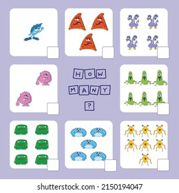 How many counting game with funny monsters . Preschool worksheet, kids activity sheet, printable worksheet
