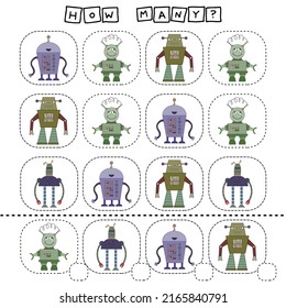 How many counting game with funny robots. Preschool worksheet, kids activity sheet, printable worksheet

