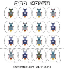 Wie viele zählen Spiel mit lustigen Robotern. Vorschulblatt, Kinderaktivitätsblatt, Druckbogen
