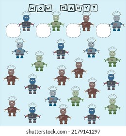 How many counting game with funny robots. Worksheet for preschool kids, kids activity sheet, printable worksheet
