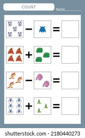 How many counting game with funny monsters. Worksheet for preschool kids, kids activity sheet, printable worksheet