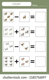 How many counting game with funny pets. Worksheet for preschool kids, kids activity sheet, printable worksheet