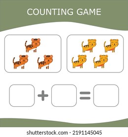 How many counting game with funny tigers. Worksheet for preschool kids, kids activity sheet, printable worksheet