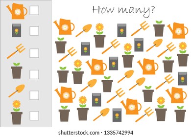 How many counting game with garden pictures for kids, educational maths task for the development of logical thinking, preschool worksheet activity, count and write the result, vector illustration