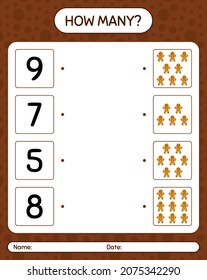 How many counting game with gingerbread cookie. worksheet for preschool kids, kids activity sheet