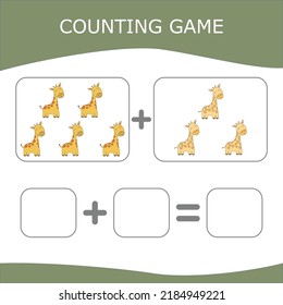 Wie viele zählen Spiel mit Giraffen. Arbeitsblatt für Vorschulkinder, Kinderaktivitätsblatt, Druckbogen