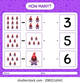 ¿Cuántos juegos de conteo con gnome? hoja de trabajo para niños de preescolar, hoja de actividades para niños