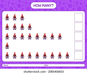 How many counting game with gnome. worksheet for preschool kids, kids activity sheet