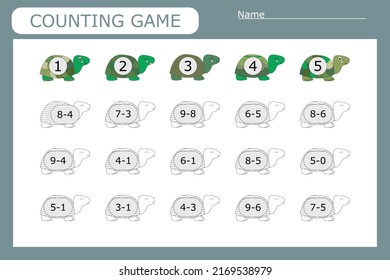 How many counting game with green turtles.  Preschool worksheet, kids activity sheet, printable worksheet
