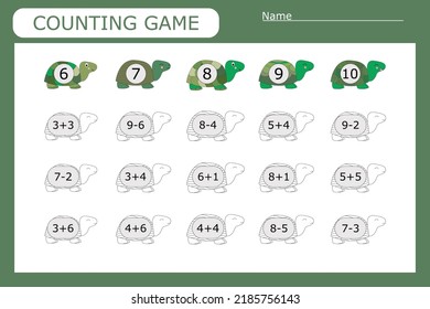 How many counting game with green turtles.  Preschool worksheet, kids activity sheet, printable worksheet
