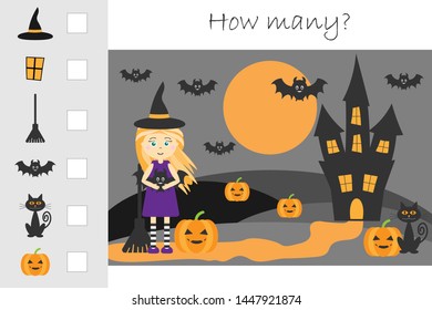 How many counting game, halloween picture for kids, educational maths task for the development of logical thinking, preschool worksheet activity, count and write the result, vector illustration