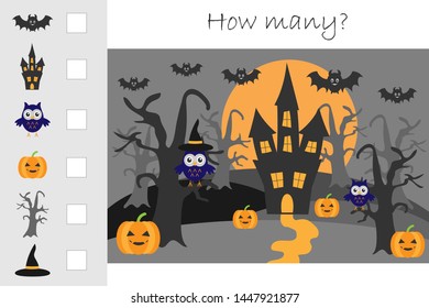 How many counting game, halloween for kids, educational maths task for the development of logical thinking, preschool worksheet activity, count and write the result, vector illustration