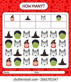Wie viele zählen Spiel mit Halloween Icon. Arbeitsblatt für Vorschulkinder, Kinderaktivität