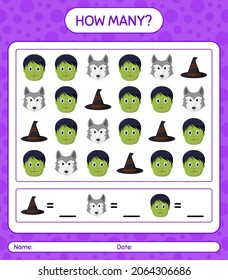 How many counting game with halloween icon. worksheet for preschool kids, kids activity sheet