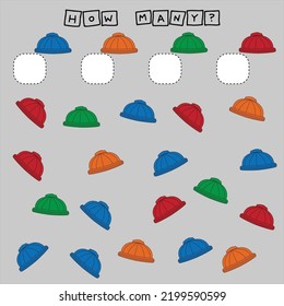 How many counting game with  hat . Preschool worksheet, kids activity sheet