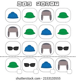 How many counting game with  hat,panama,sunglasses Preschool worksheet, kids activity sheet, printable worksheet
