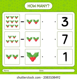 How many counting game with holly berry. worksheet for preschool kids, kids activity sheet