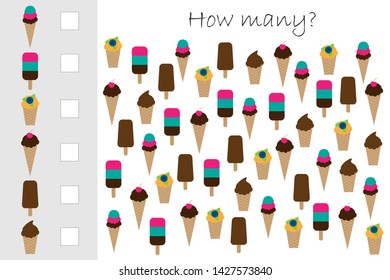 How many counting game with ice cream for kids, educational maths task for the development of logical thinking, preschool worksheet activity, count and write the result, vector illustration