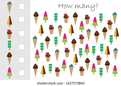 How many counting game with ice cream for kids, educational maths task for the development of logical thinking, preschool worksheet activity, count and write the result, vector illustration