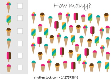 How many counting game with ice cream for kids, educational maths task for the development of logical thinking, preschool worksheet activity, count and write the result, vector illustration