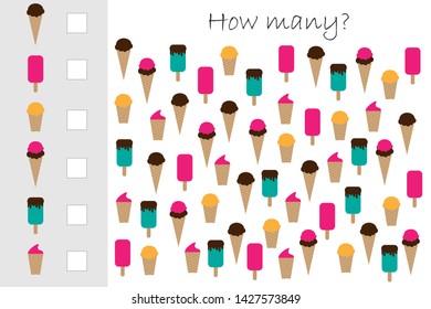 How many counting game with ice cream for kids, educational maths task for the development of logical thinking, preschool worksheet activity, count and write the result, vector illustration