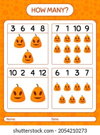 How many counting game with jack o' lantern. worksheet for preschool kids, kids activity sheet