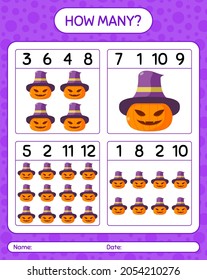 How many counting game with jack o' lantern. worksheet for preschool kids, kids activity sheet