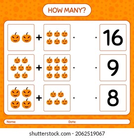 How many counting game with jack o' lantern. worksheet for preschool kids, kids activity sheet