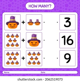 How many counting game with jack o' lantern. worksheet for preschool kids, kids activity sheet
