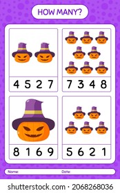 How many counting game with jack o' lantern. worksheet for preschool kids, kids activity sheet