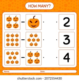 How many counting game with jack o' lantern. worksheet for preschool kids, kids activity sheet