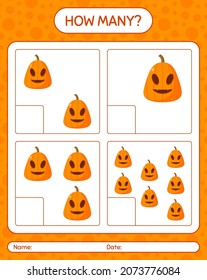 How many counting game with jack o' lantern. worksheet for preschool kids, kids activity sheet