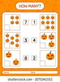 How many counting game with jack o' lantern. worksheet for preschool kids, kids activity sheet