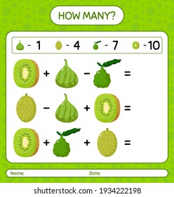 How many counting game jackfruit, kaffir lime, kiwi, melon, olive. worksheet for preschool kids, kids activity sheet, printable worksheet