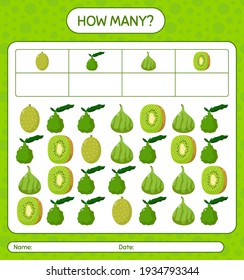How many counting game jackfruit, kaffir lime, kiwi, melon. worksheet for preschool kids, kids activity sheet, printable worksheet