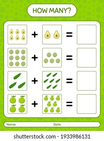 Cuántos juegos de conteo con cal de kaffir, kiwi, aceituna. hoja de trabajo para niños de preescolar, hoja de actividades para niños, hoja de trabajo imprimible