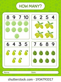 How many counting game kaffir lime, kiwi, melon, olive. worksheet for preschool kids, kids activity sheet, printable worksheet