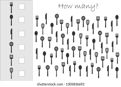 How many counting game with kitchen tools for kids, educational maths task for the development of logical thinking, preschool worksheet activity, count and write the result, vector illustration