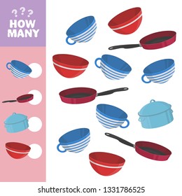 How many counting game with kitchen pictures for kids, educational maths task for the development of logical thinking, preschool worksheet activity
