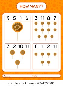 How many counting game with lollipop. worksheet for preschool kids, kids activity sheet