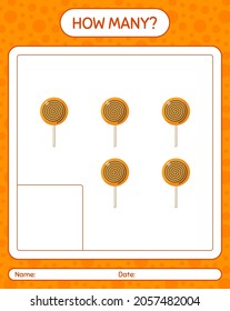 Wie viele zählen Spiel mit lollipop? Arbeitsblatt für Vorschulkinder, Kinderaktivität