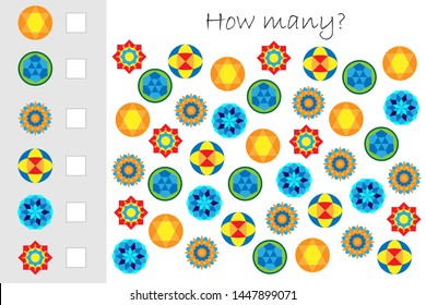 How many counting game with mandalas for kids, educational maths task for the development of logical thinking, preschool worksheet activity, count and write the result, vector illustration