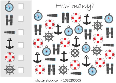 How many counting game with marine pictures for kids, educational maths task for the development of logical thinking, preschool worksheet activity, count and write the result, vector illustration