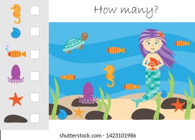 How many counting game, mermaid in the ocean for kids, educational maths task for the development of logical thinking, preschool worksheet activity, count and write the result, vector illustration